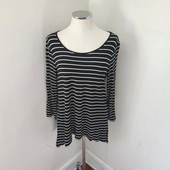 Cable & Gauge Tops - Cable‎ & Gauge Womens Black White Striped Scoop Neck 3/4 Sleeve Top Large